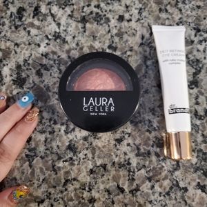 Laura Geller Blush and Brighten plus Dr Brandt 24/7 retinol eye cream swatched